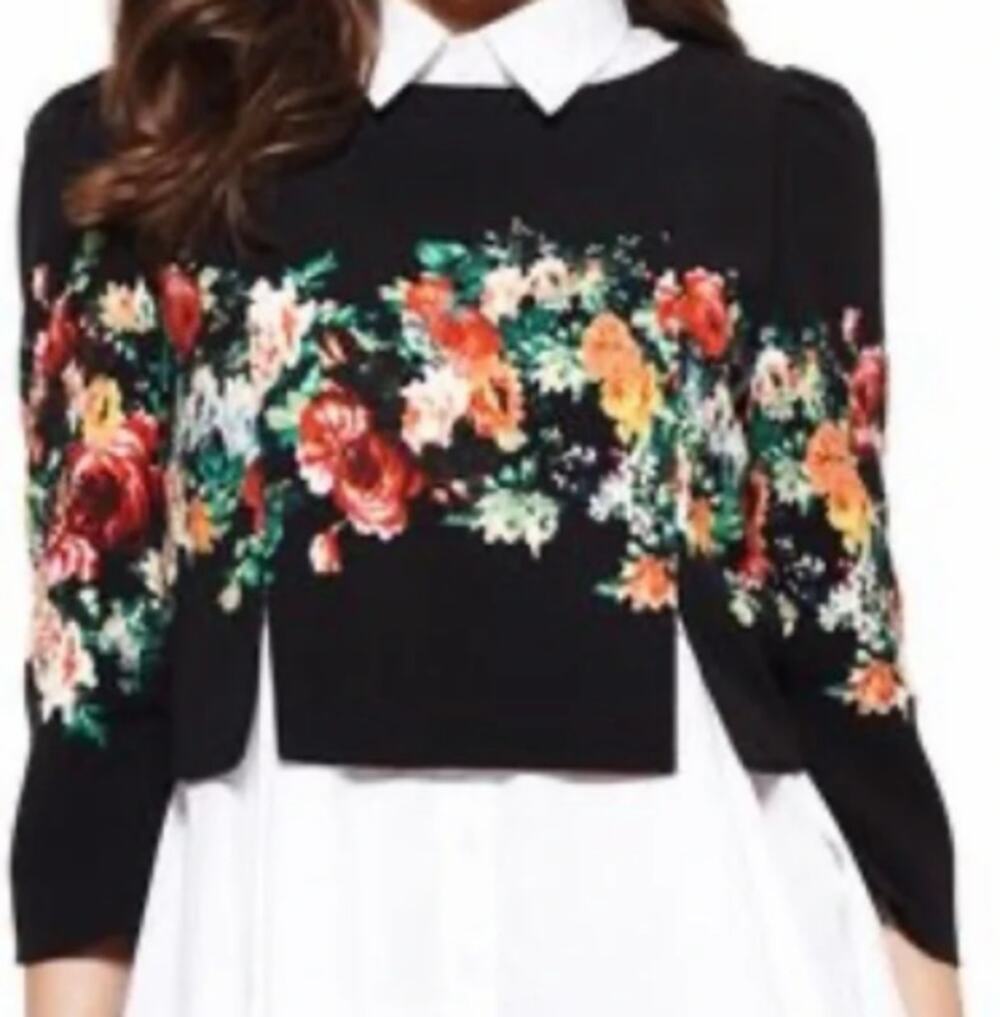 Gracia Black Floral Print Cropped Blouse sz S